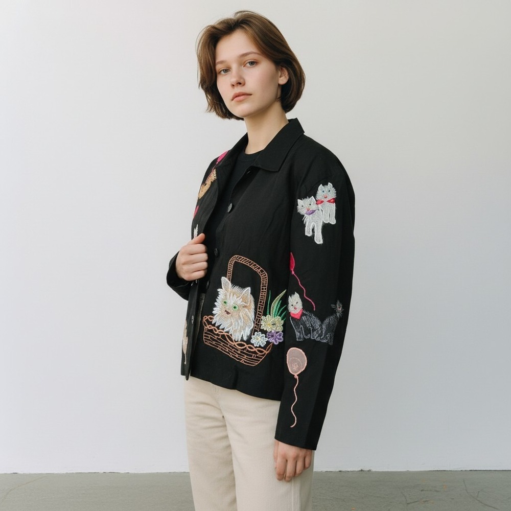 Vintage Bala Bala Jacket Women 1X XL Cats Cat Lady Abstract Yarn Artsy Black NWT